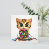 タビー猫がホリデーライトに包まれたホリデーカード シーズンカード (スタンド正面)