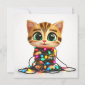 タビー猫がホリデーライトに包まれたホリデーカード シーズンカード (正面)