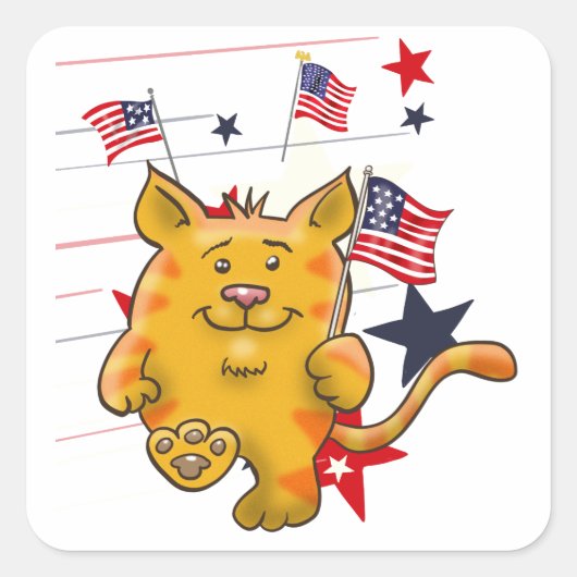 タビー猫とアメリカ国旗 スクエアシール (正面)