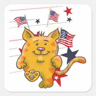 タビー猫とアメリカ国旗 スクエアシール