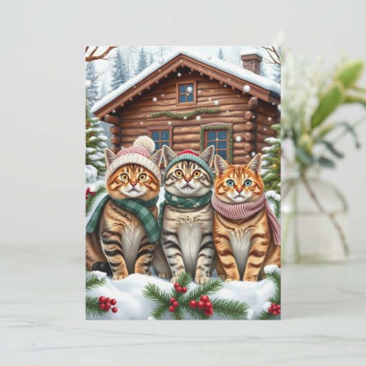 タビー猫のプレッピーな冬の衣装と帽子 シーズンカード (スタンド正面)