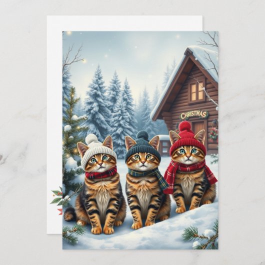 タビー猫のプレッピーな冬の衣装と帽子 シーズンカード (正面/裏面)