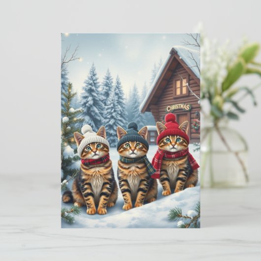 タビー猫のプレッピーな冬の衣装と帽子 シーズンカード (スタンド正面)