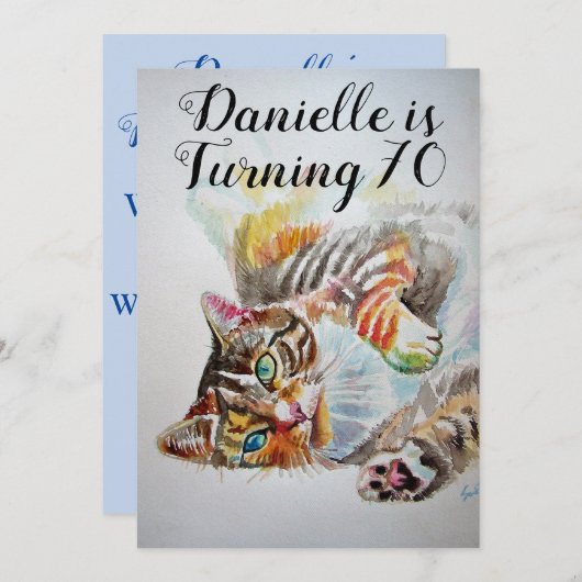 タビー猫の女性の70歳の誕生日招待状 招待状 (正面/裏面)