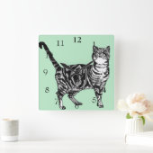 タビー猫 アート 動物 ミントグリーン インテリア スクエア壁時計 (ホーム)