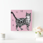 タビー猫 アート 動物 子供部屋 パステルピンク インテリア スクエア壁時計 (ホーム)
