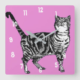 タビー猫 アート 動物 子供部屋 ホットピンク デコレーション スクエア壁時計