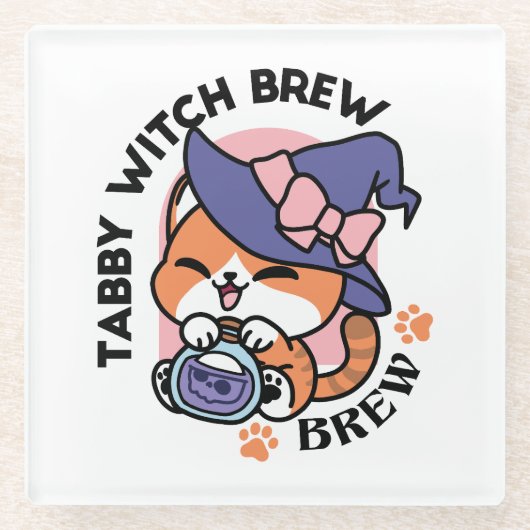 タビー魔女の魔法薬 - かわいいハロウィンの猫デザイン ガラスコースター (正面)