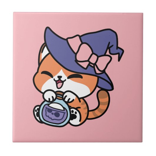 タビー魔女の魔法薬 - かわいいハロウィンの猫デザイン タイル (正面)