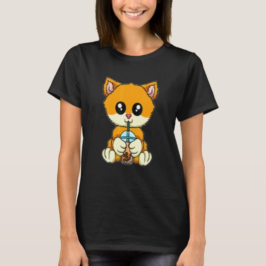 タピオカを飲む猫 かわいい動物たち Tシャツ (正面)