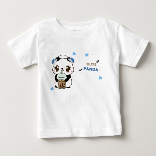 タピオカティーを飲むかわいいパンダ ベビーTシャツ (正面)