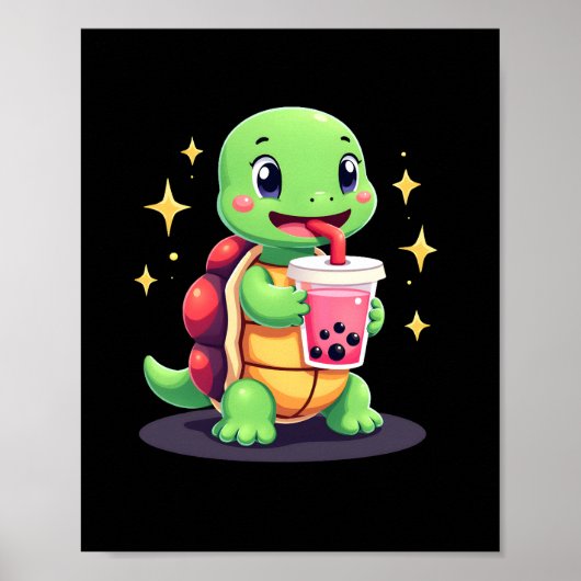 タピオカドリンクを飲むかわいいカメ。面白いタピオカ好きなカメ ポスター (正面)