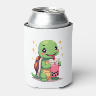 タピオカドリンクを飲むかわいいカメ。面白いタピオカ好きなカメ 缶クーラー