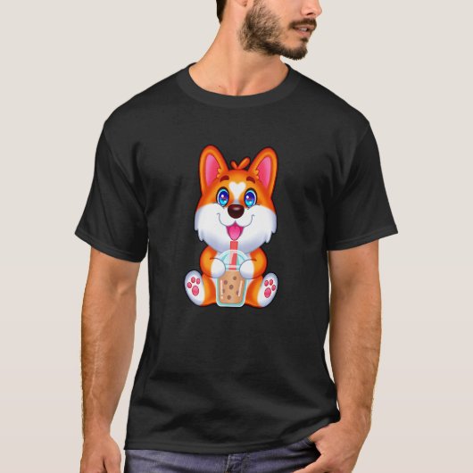タピオカパールミルクのコーギーを飲むバブルティー愛飲家 Tシャツ (正面)