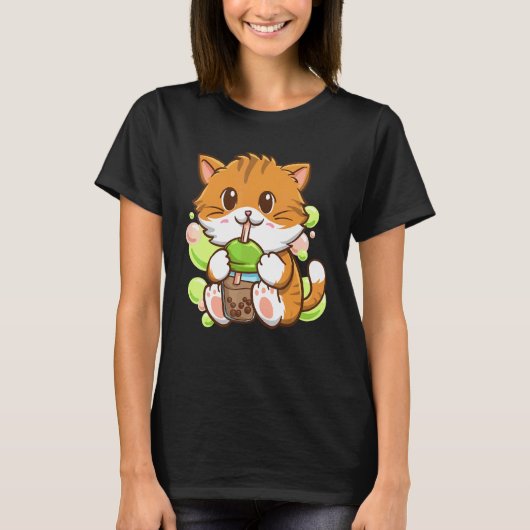 タピオカボール好きな猫 ブタペ茶愛飲者 Tシャツ (正面)