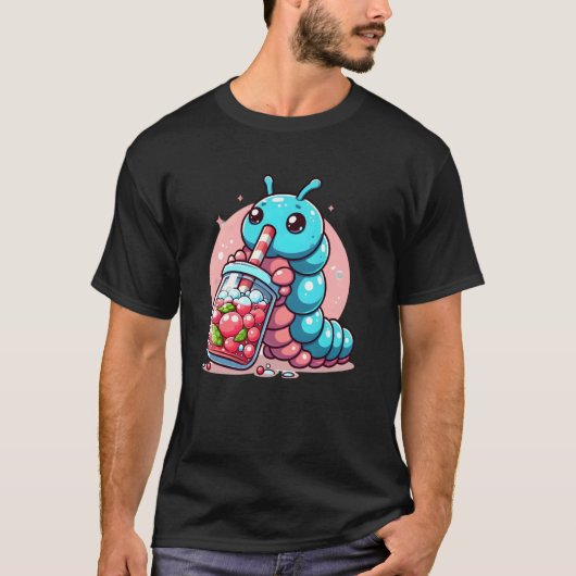 タピオカミルクティーを楽しむイモムシ Tシャツ (正面)