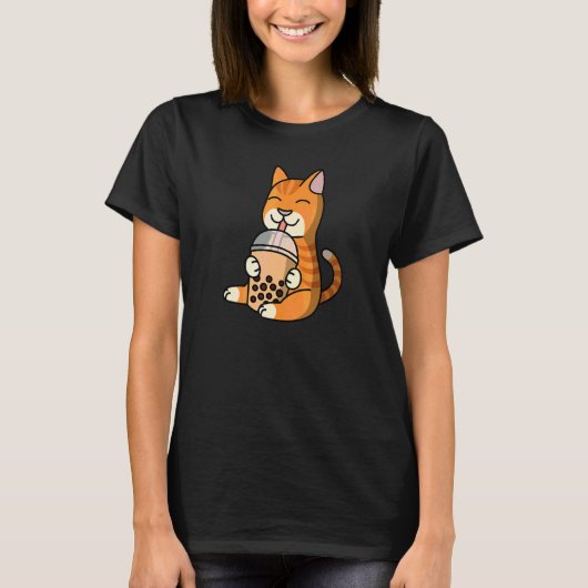 タピオカ入りミルクティーと生姜猫ペット Tシャツ (正面)