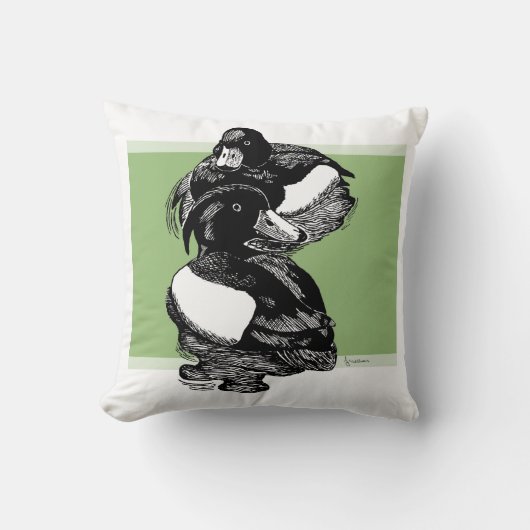 タフテッドダックの白黒イラスト クッション (正面)