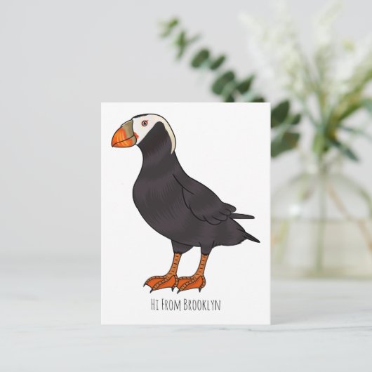 タフテッドパフィン鳥の漫画イラストレーション ポストカード (スタンド正面)