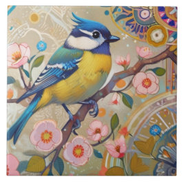 タフトピンクフローラ春の花付きブルーティットバード タイル