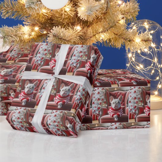 タフフランスのト椅子に座ったクリスマスのブルドッグ ラッピングペーパー (クリスマス)