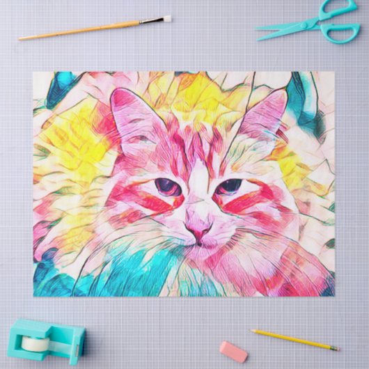 タブビーキャットデザインピンクイエローティール（緑がかった色）アートデザイン 薄葉紙 (クラフト)