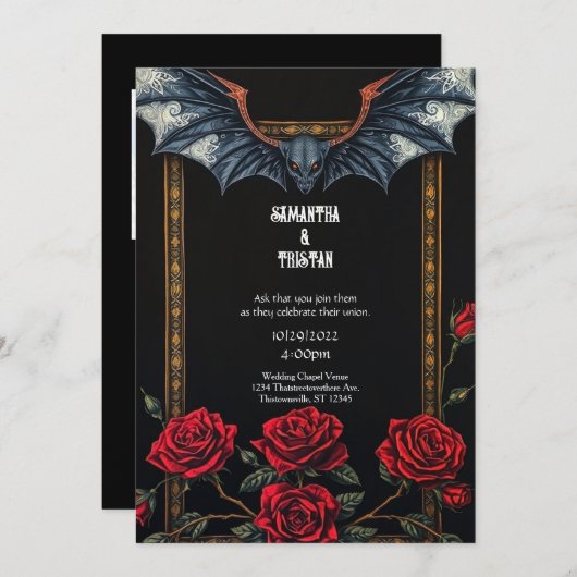 タペストリーこうもりとバラゴシック結婚式招待状 招待状 (正面/裏面)