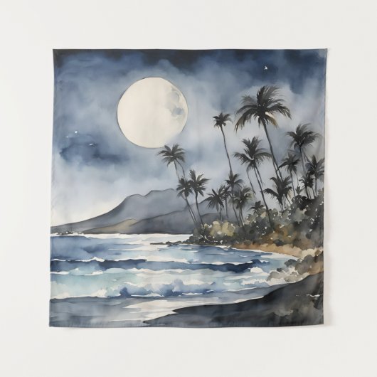 タペストリーフルムーンウォーターカラートロピカルビーチパームズ タペストリー (正面)