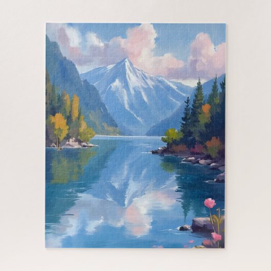 タホ湖の山々 水彩画 自然の絵画 ジグソーパズル (縦)