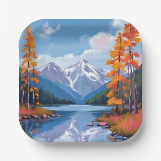 タホ湖の秋 | 紅葉の山の絵画 ペーパープレート (正面)