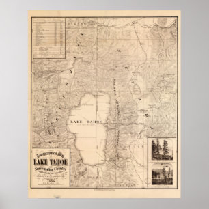 タホ湖区域カリフォルニア及びネバダの1874地図 ポスター
