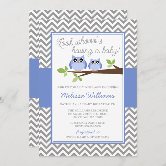 タマキビのフクロウの灰色のシェブロンの女の子のベビーシャワー 招待状 (正面/裏面)
