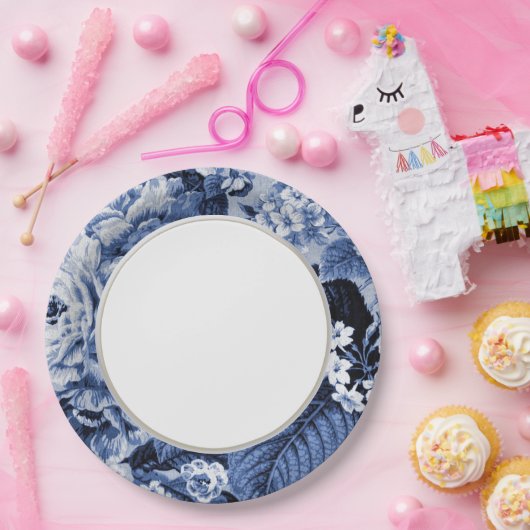 タマキビの青いヴィンテージの花のToileの生地No.1 ペーパープレート (パーティー)