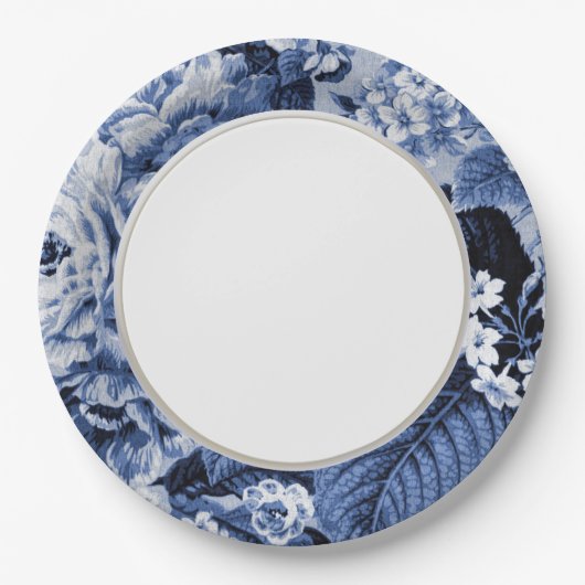 タマキビの青いヴィンテージの花のToileの生地No.1 ペーパープレート (正面)