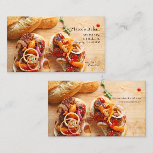 タマネギおよびコショウが付いているミートボールサンドイッチ 名刺 (正面/裏面)