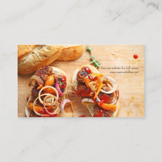 タマネギおよびコショウが付いているミートボールサンドイッチ 名刺 (裏面)