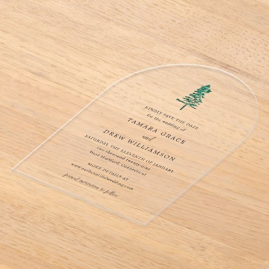 タマラパインモダンツリー結婚式の日付を保存 アクリル招待状 (レイダウン)