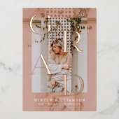 タミニマルイモダンプ赤面ピンクの重ね合わせグラッド写真 箔招待状 (正面)