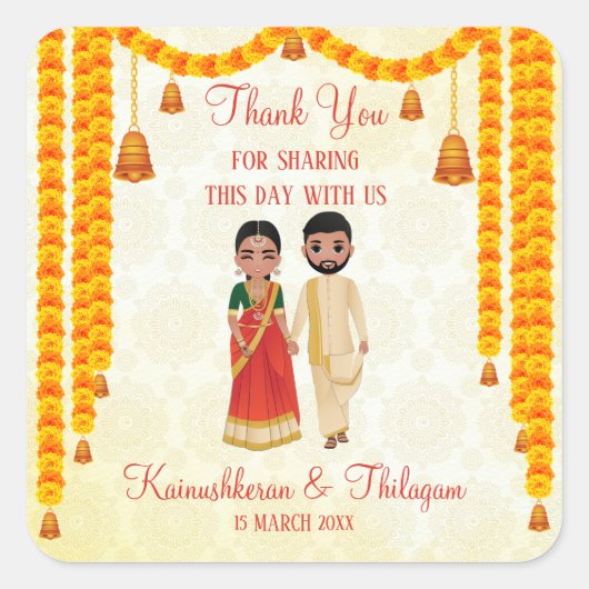 タミル・テルグの鐘とマリゴールドのガラン結婚ズの鐘 スクエアシール (正面)