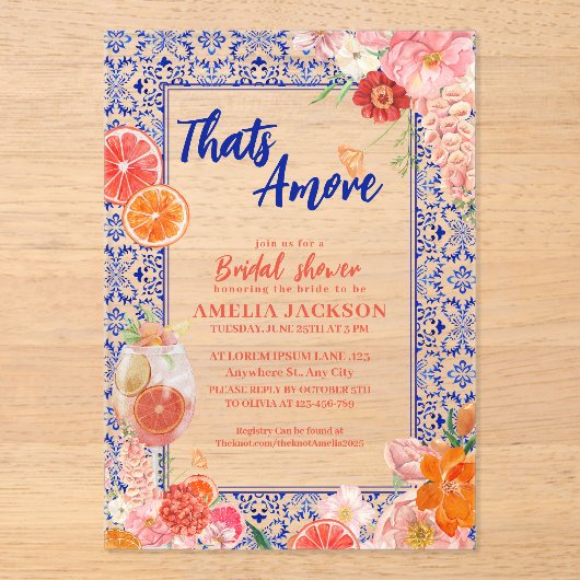 タムレ地中海のブルータイルブライダルシャワー アクリル招待状 (正面)