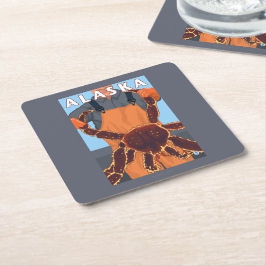 タラバガニおよび漁師のヴィンテージ旅行ポスター スクエアペーパーコースター (アングル)