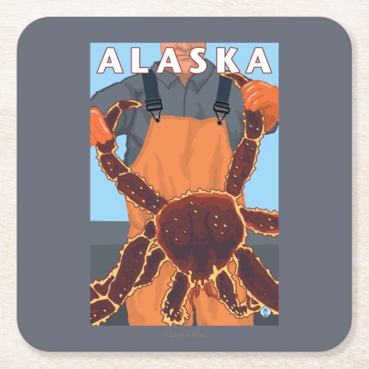 タラバガニおよび漁師のヴィンテージ旅行ポスター スクエアペーパーコースター (正面)