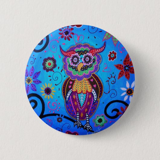 タラベラのフクロウのメキシコ絵画 缶バッジ (正面)