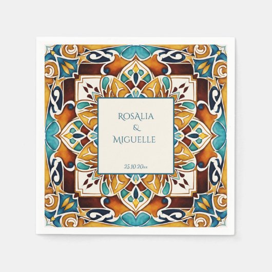 タラベラアズレジョタイルヴィンテージメキシ結婚カン スタンダードカクテルナプキン (正面)