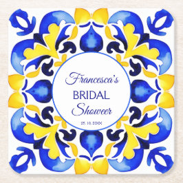 タラベラアズレジョ青いタイルブライダルシャワーの好意 スクエアペーパーコースター