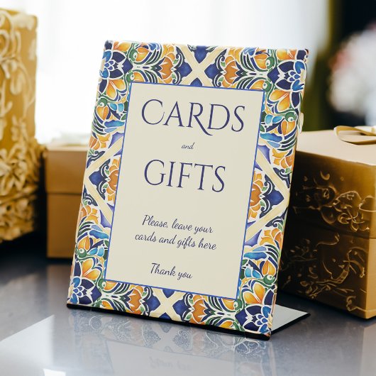 タラベラアズレジョ青いヴィンテージタイルのギフトテーブル 台座サイン