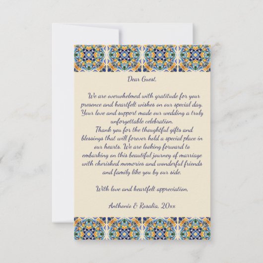 タラベラアズレジョ青タイルヴィンテージメキシ結婚コの サンキューカード (裏面)