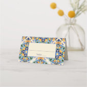 タラベラアズレジョ青タイルヴィンテージメキシ結婚コの プレイスカード (正面)