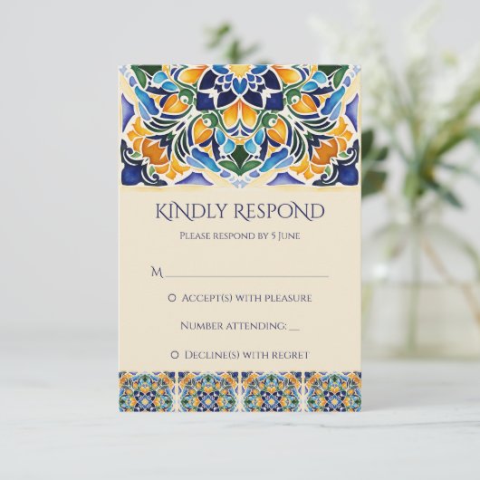 タラベラアズレジョ青タイルヴィンテージメキシ結婚コの 出欠カード (スタンド正面)