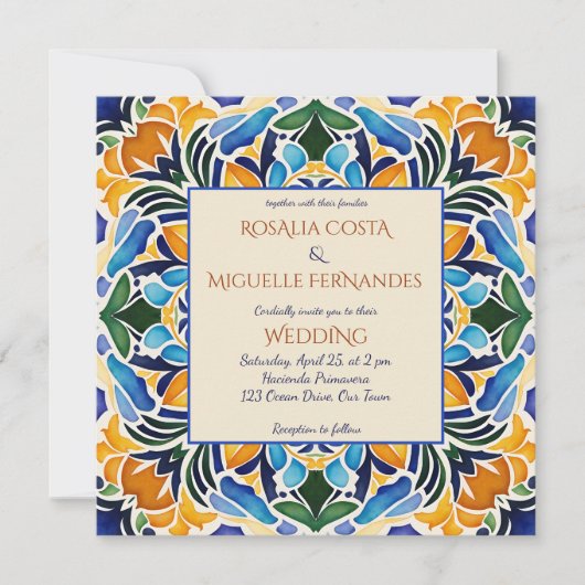 タラベラアズレジョ青タイルヴィンテージメキシ結婚コの 招待状 (正面)